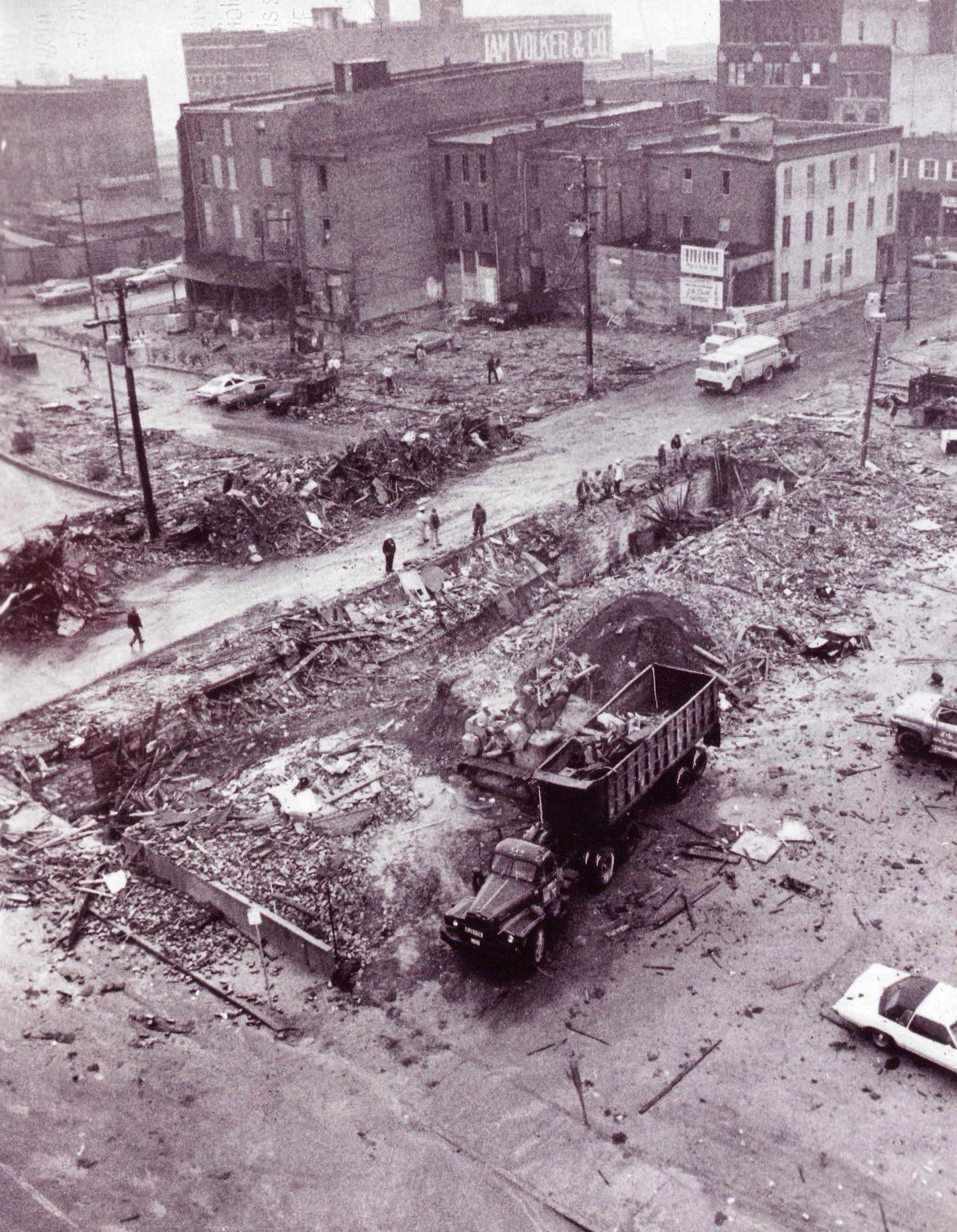 View of bombed buildings near 4th and Wyandotte